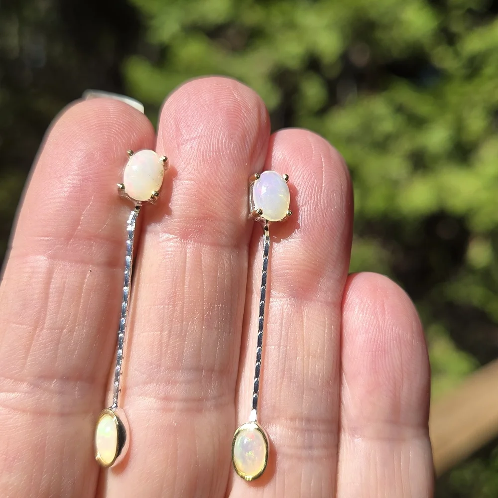 Opal Natural Gemstone Sterling & Gold Earrings 6k - Picture 1 of 11
